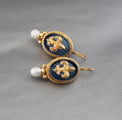 Blue Fleur-de-lis Intaglio Earrings, Victorian Style, 18K Gold Vermeil