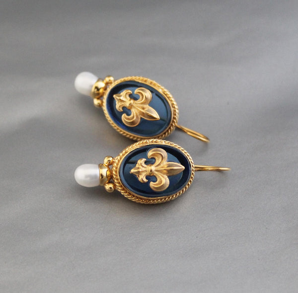 Blue Fleur-de-lis Intaglio Earrings, Victorian Style, 18K Gold Vermeil