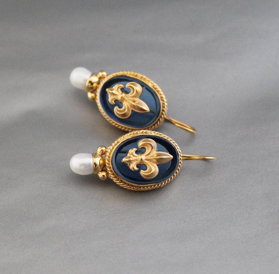 Blue Fleur-de-lis Intaglio Earrings, Victorian Style, 18K Gold Vermeil