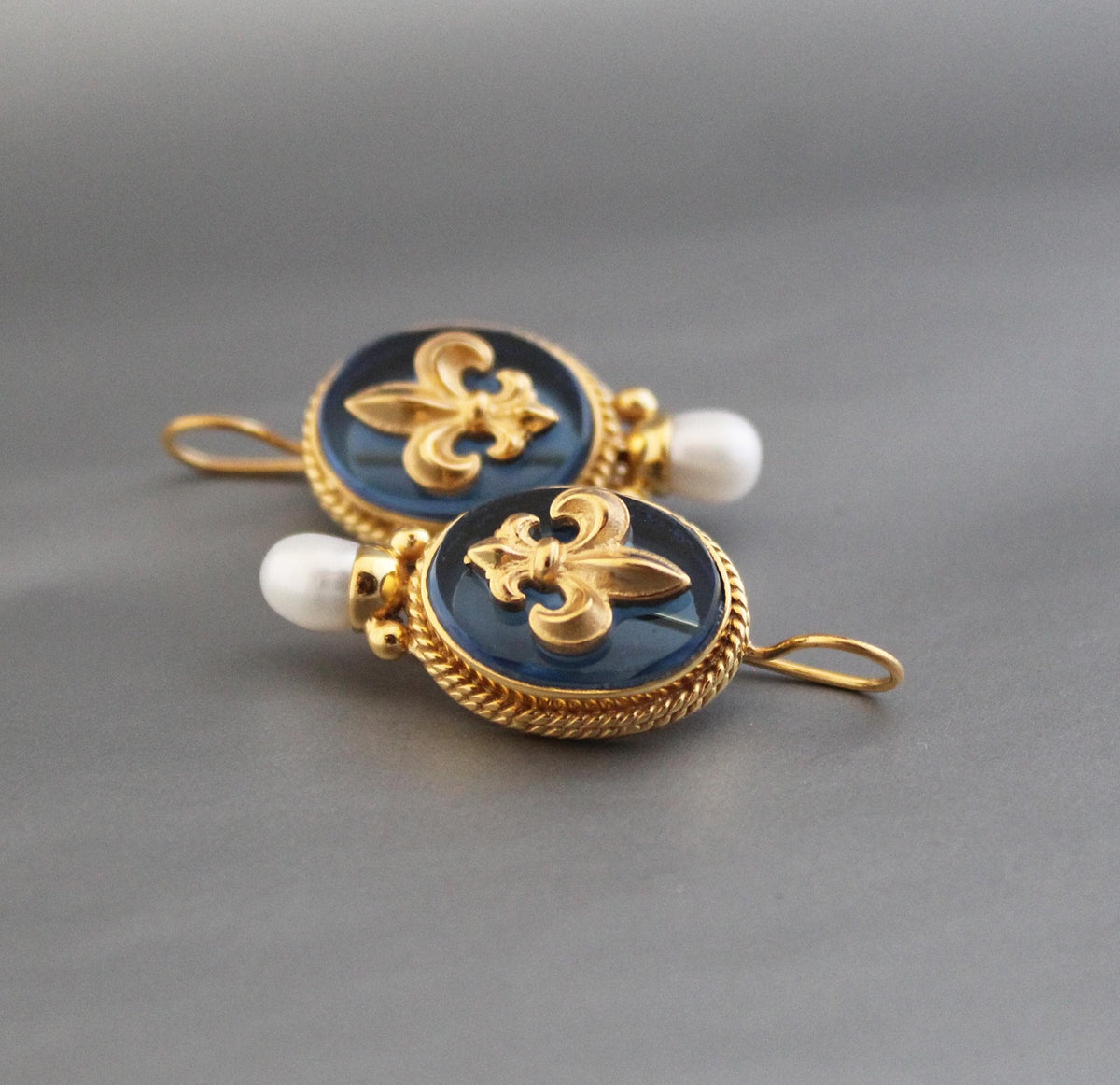 Blue Fleur-de-lis Intaglio Earrings, Victorian Style, 18K Gold Vermeil, photo 8