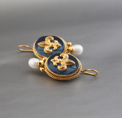 Blue Fleur-de-lis Intaglio Earrings, Victorian Style, 18K Gold Vermeil, photo 8