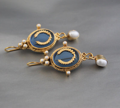 Blue Laurel Wreath Intaglio Earrings, Victorian Pearl Dangles, Gold Plated