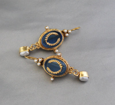 Blue Laurel Wreath Intaglio Earrings, Victorian Pearl Dangles, Gold Plated, photo 4