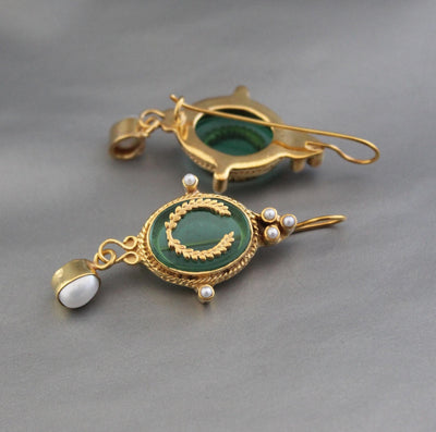 Green Glass Intaglio Drop Earrings, Victorian Style, Gold Vermeil