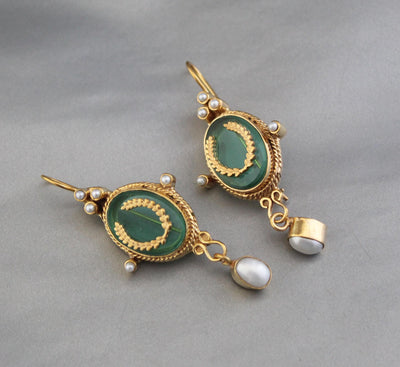 Green Glass Intaglio Drop Earrings, Victorian Style, Gold Vermeil, photo 6