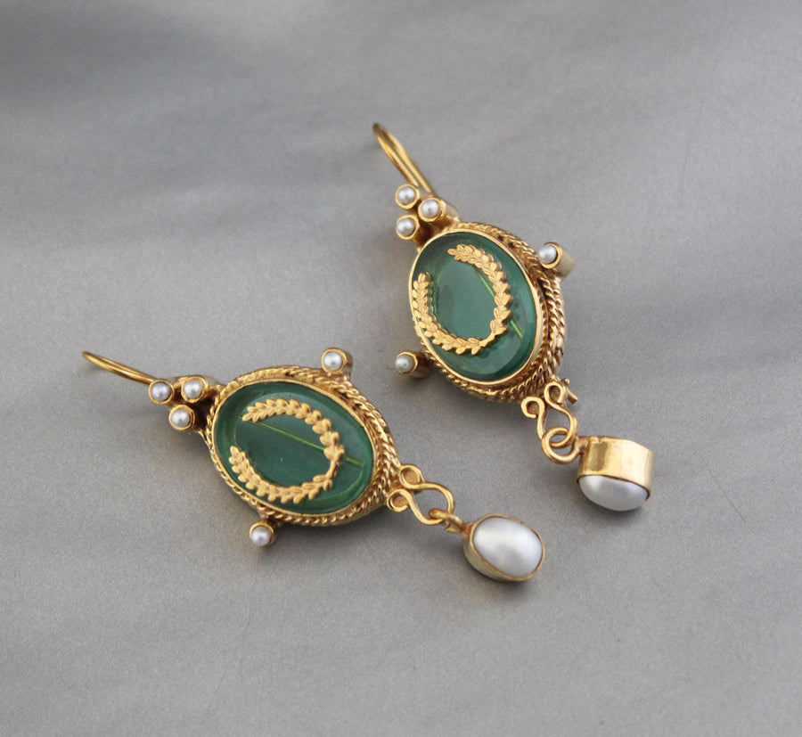 Green Glass Intaglio Drop Earrings, Victorian Style, Gold Vermeil, photo 6