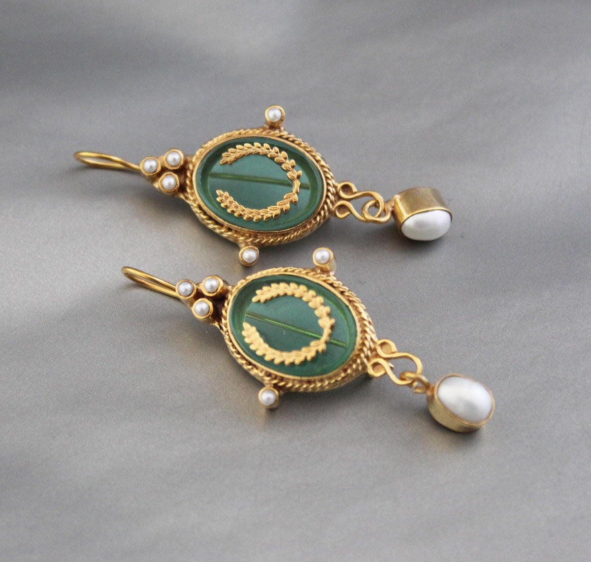 Green Glass Intaglio Drop Earrings, Victorian Style, Gold Vermeil, photo 7