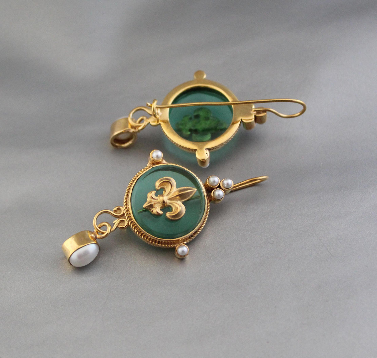 Green Fleur-de-lis Intaglio Earrings, Edwardian Style with Pearls, Antique Gold, photo 5