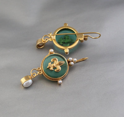 Green Fleur-de-lis Intaglio Earrings, Edwardian Style with Pearls, Antique Gold, photo 5