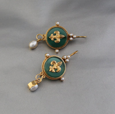 Green Fleur-de-lis Intaglio Earrings, Edwardian Style with Pearls, Antique Gold, photo 2