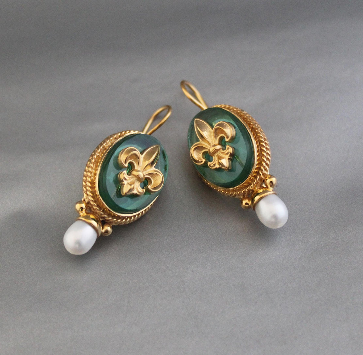 Fleur-de-lis Intaglio Earrings, Victorian Art Deco Pearl, Gold Plated