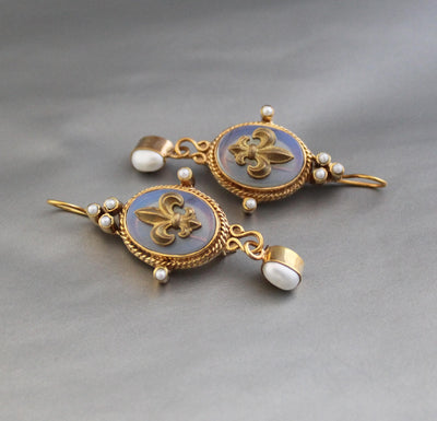 Opal Fleur-de-lis Intaglio Earrings, Victorian Gold and Pearl, photo 5