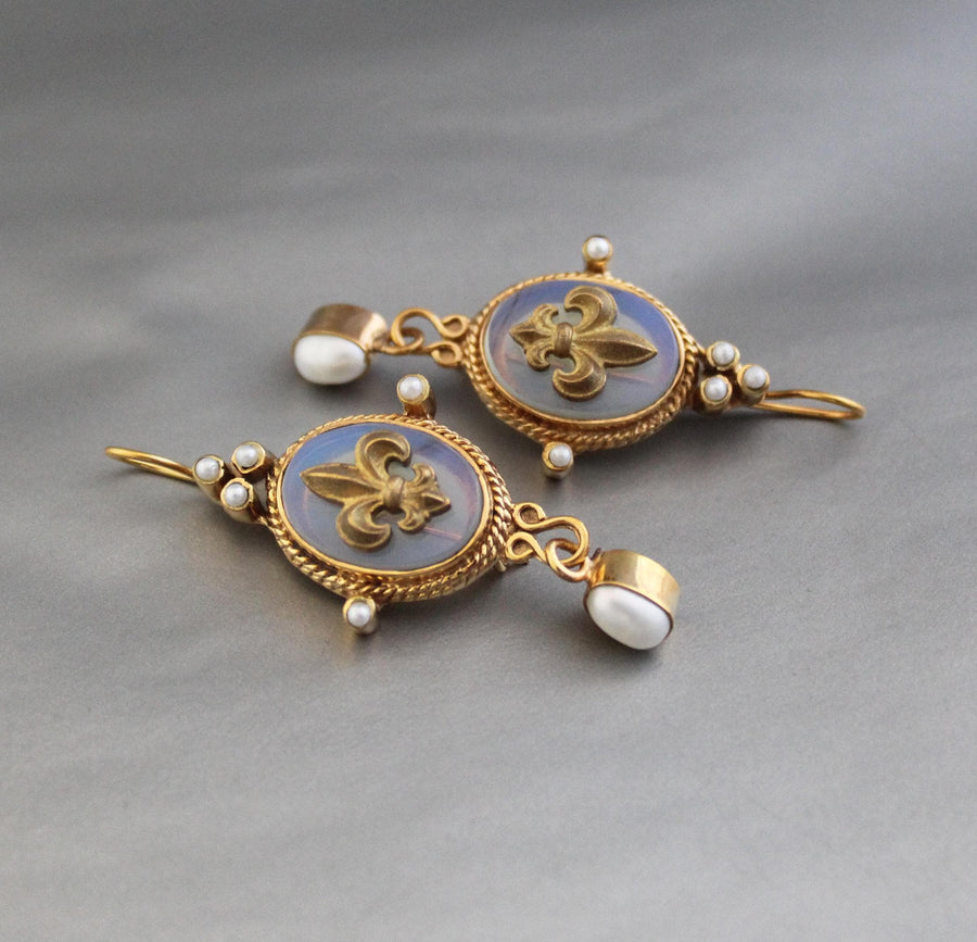 Opal Fleur-de-lis Intaglio Earrings, Victorian Gold and Pearl, photo 5