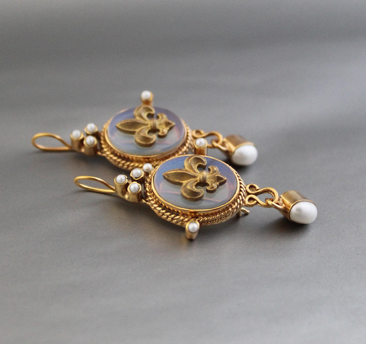 Opal Fleur-de-lis Intaglio Earrings, Victorian Gold and Pearl, photo 8