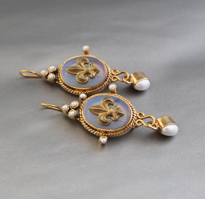 Opal Fleur-de-lis Intaglio Earrings, Victorian Gold and Pearl, photo 6