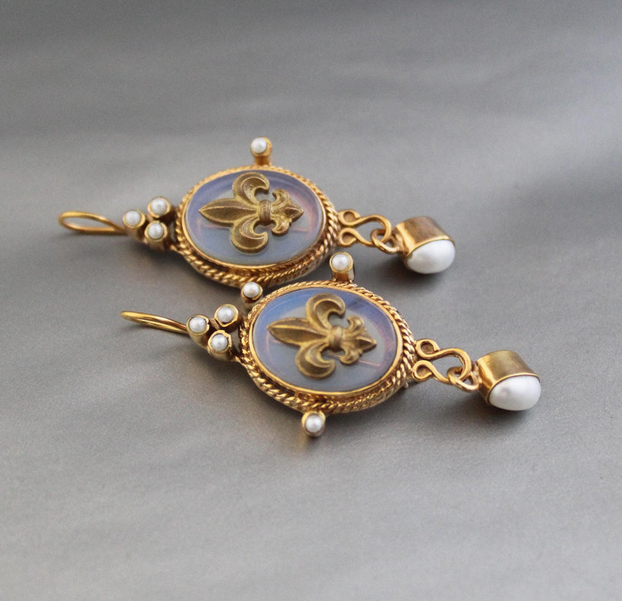 Opal Fleur-de-lis Intaglio Earrings, Victorian Gold and Pearl, photo 6