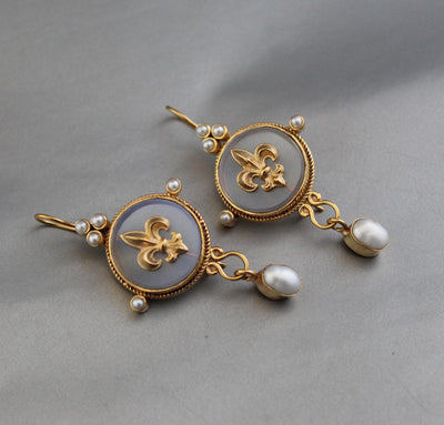 Fleur-de-lis Intaglio Earrings, Victorian Bridal Style, Gold Plated, photo 6