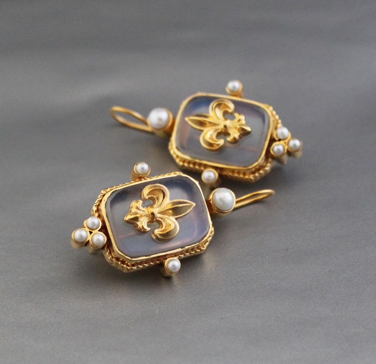 Opal Fleur-de-lis Intaglio Earrings, Victorian Revival, 14K Gold Plated, photo 2