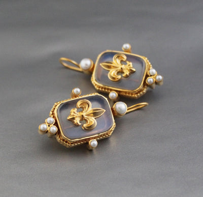Opal Fleur-de-lis Intaglio Earrings, Victorian Revival, 14K Gold Plated, photo 2