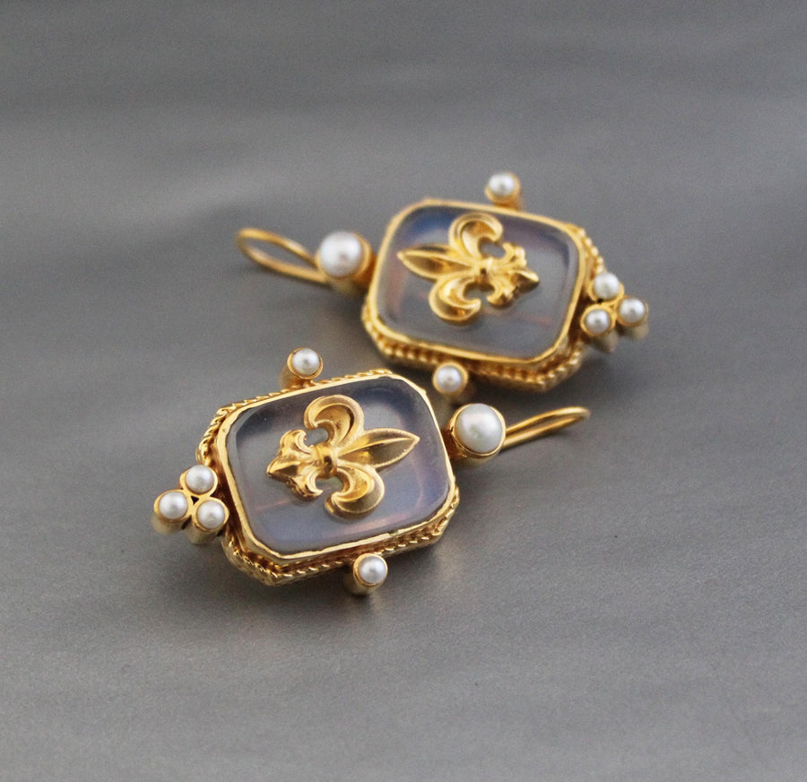 Opal Fleur-de-lis Intaglio Earrings, Victorian Revival, 14K Gold Plated, photo 2