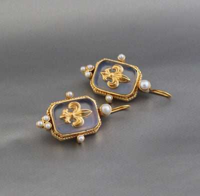 Opal Fleur-de-lis Intaglio Earrings, Victorian Revival, 14K Gold Plated, photo 5