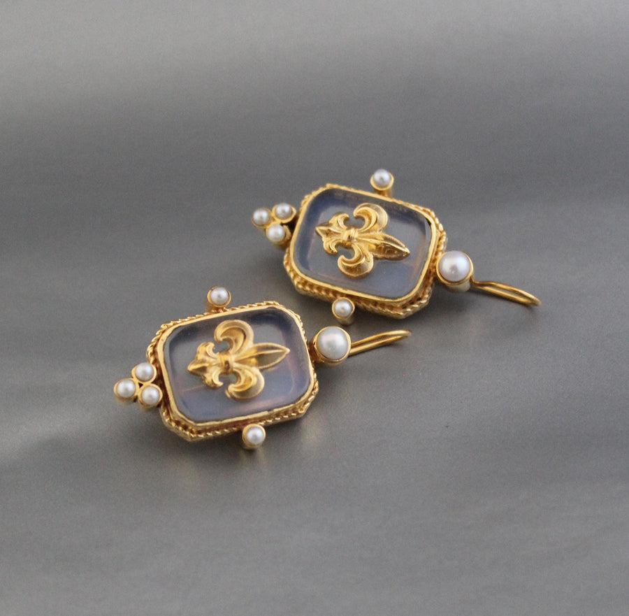 Opal Fleur-de-lis Intaglio Earrings, Victorian Revival, 14K Gold Plated, photo 5