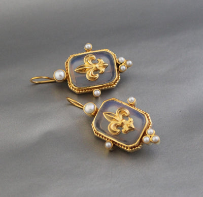 Opal Fleur-de-lis Intaglio Earrings, Victorian Revival, 14K Gold Plated, photo 6
