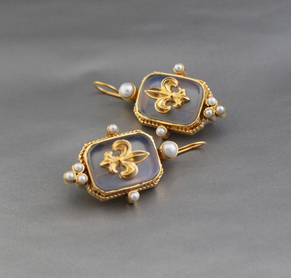Opal Fleur-de-lis Intaglio Earrings, Victorian Revival, 14K Gold Plated, photo 9