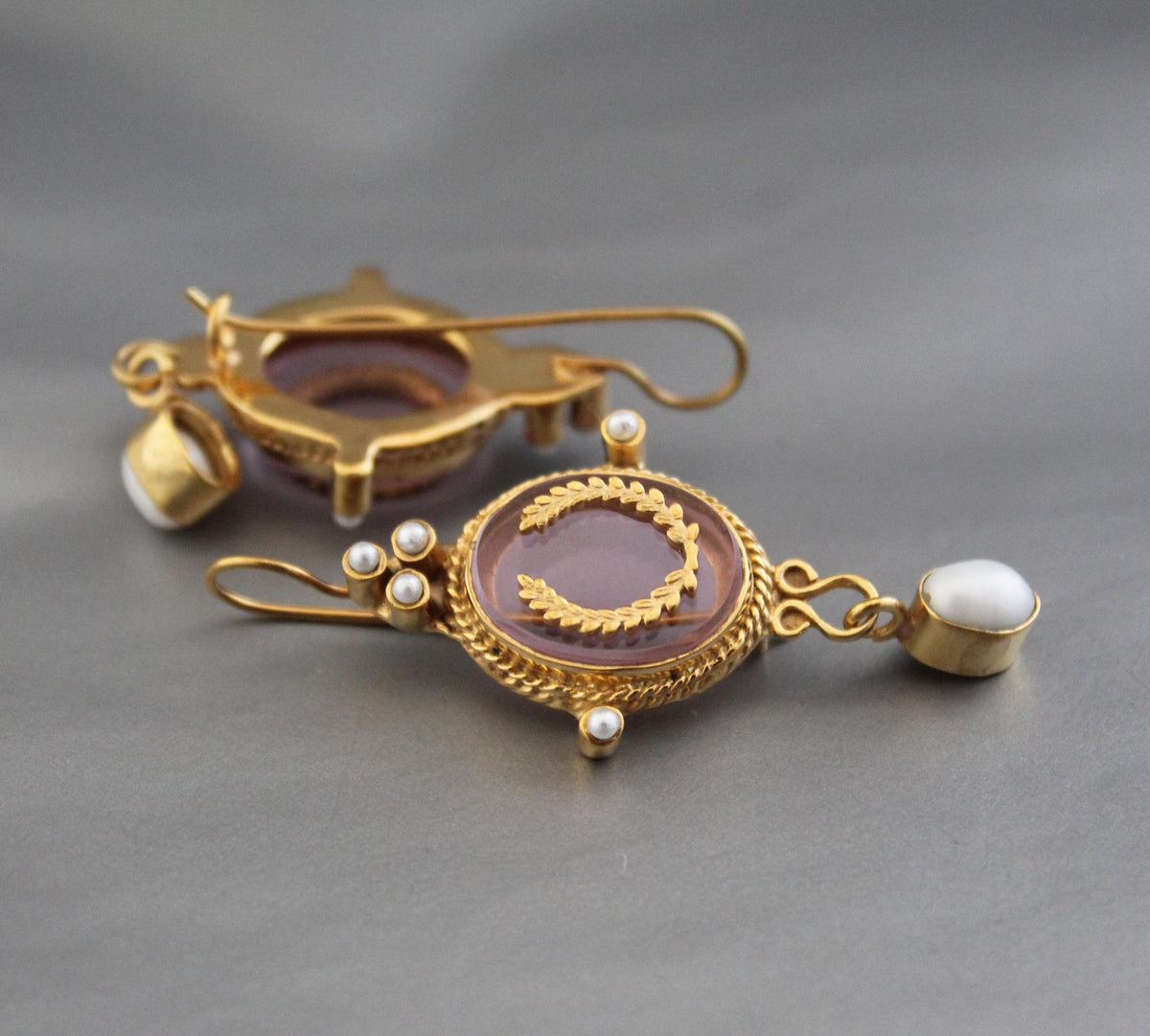 Pink Intaglio Earrings, Bridal Pearl Drops, Gold Plated, photo 8