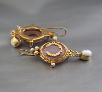 Pink Intaglio Earrings, Bridal Pearl Drops, Gold Plated, photo 8