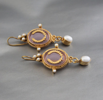 Pink Intaglio Earrings, Bridal Pearl Drops, Gold Plated, photo 7