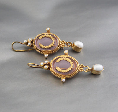 Pink Intaglio Earrings, Bridal Pearl Drops, Gold Plated