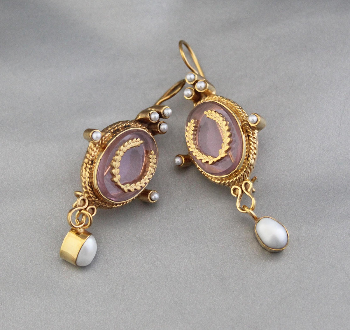 Pink Intaglio Earrings, Bridal Pearl Drops, Gold Plated, photo 10