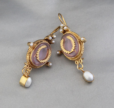 Pink Intaglio Earrings, Bridal Pearl Drops, Gold Plated, photo 10