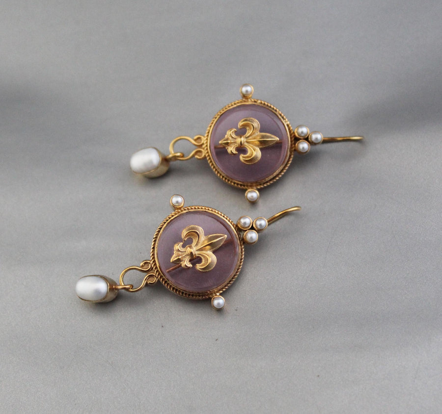 Intaglio Glass Cameo Earrings, Victorian Roman Style, Gold Vermeil with Pearls, photo 8