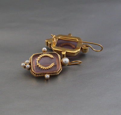 Laurel Wreath Intaglio Earrings, Victorian Pearls, Gold Plated, photo 2