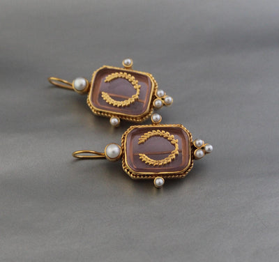 Laurel Wreath Intaglio Earrings, Victorian Pearls, Gold Plated, photo 6
