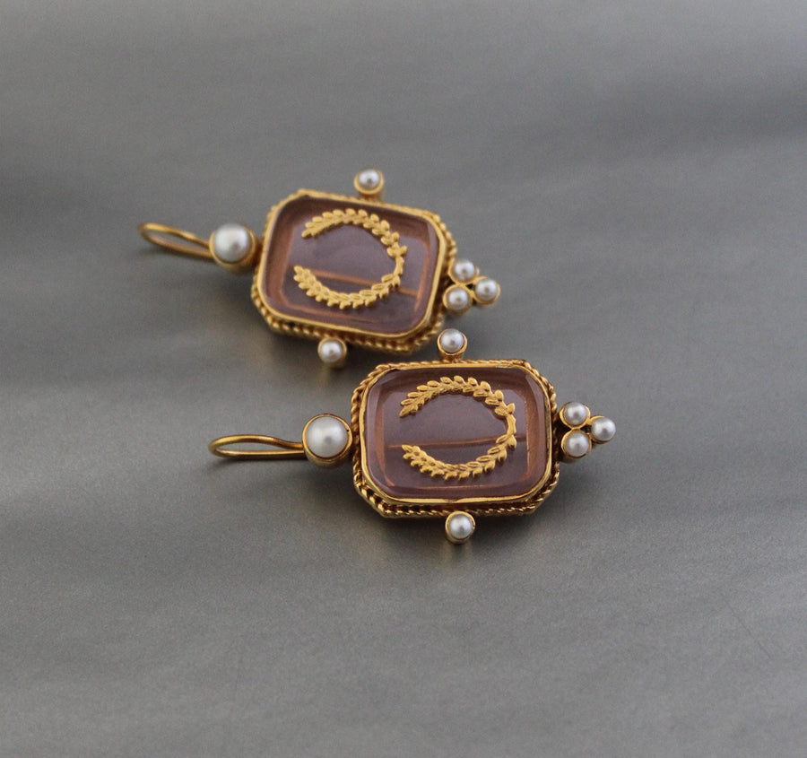 Laurel Wreath Intaglio Earrings, Victorian Pearls, Gold Plated, photo 6
