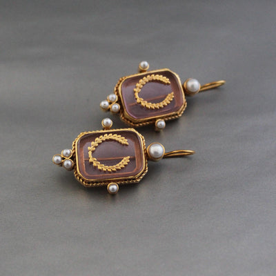 Laurel Wreath Intaglio Earrings, Victorian Pearls, Gold Plated, photo 8