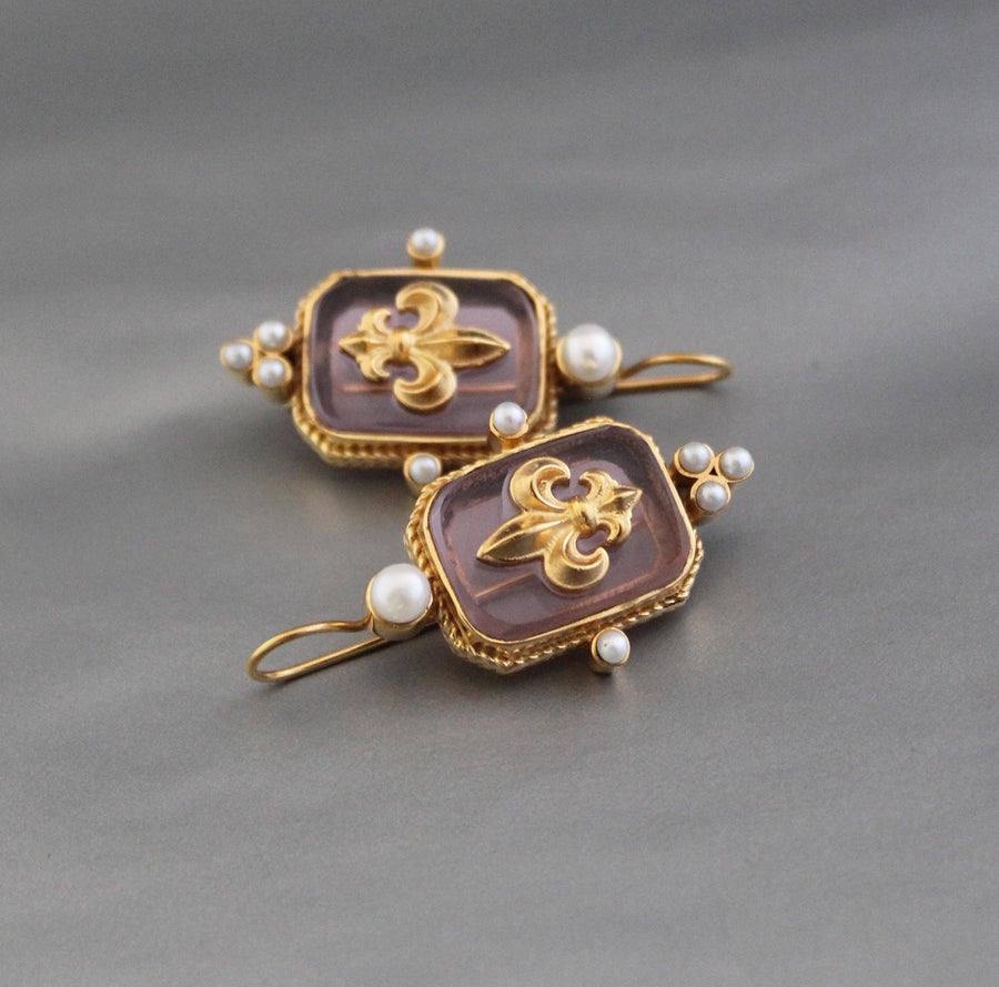Pink Fleur-de-lis Intaglio Earrings, Regency Victorian Style, Gold Vermeil, photo 2
