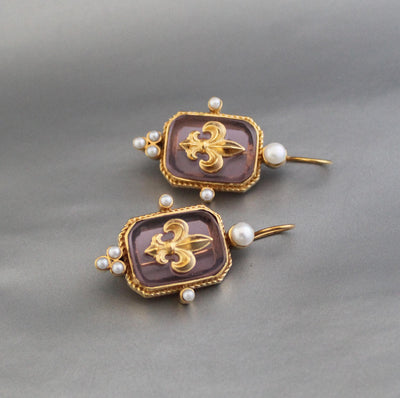 Pink Fleur-de-lis Intaglio Earrings, Regency Victorian Style, Gold Vermeil