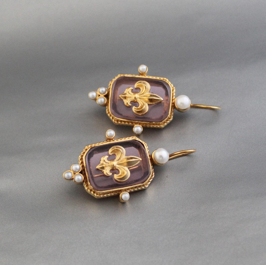 Pink Fleur-de-lis Intaglio Earrings, Regency Victorian Style, Gold Vermeil