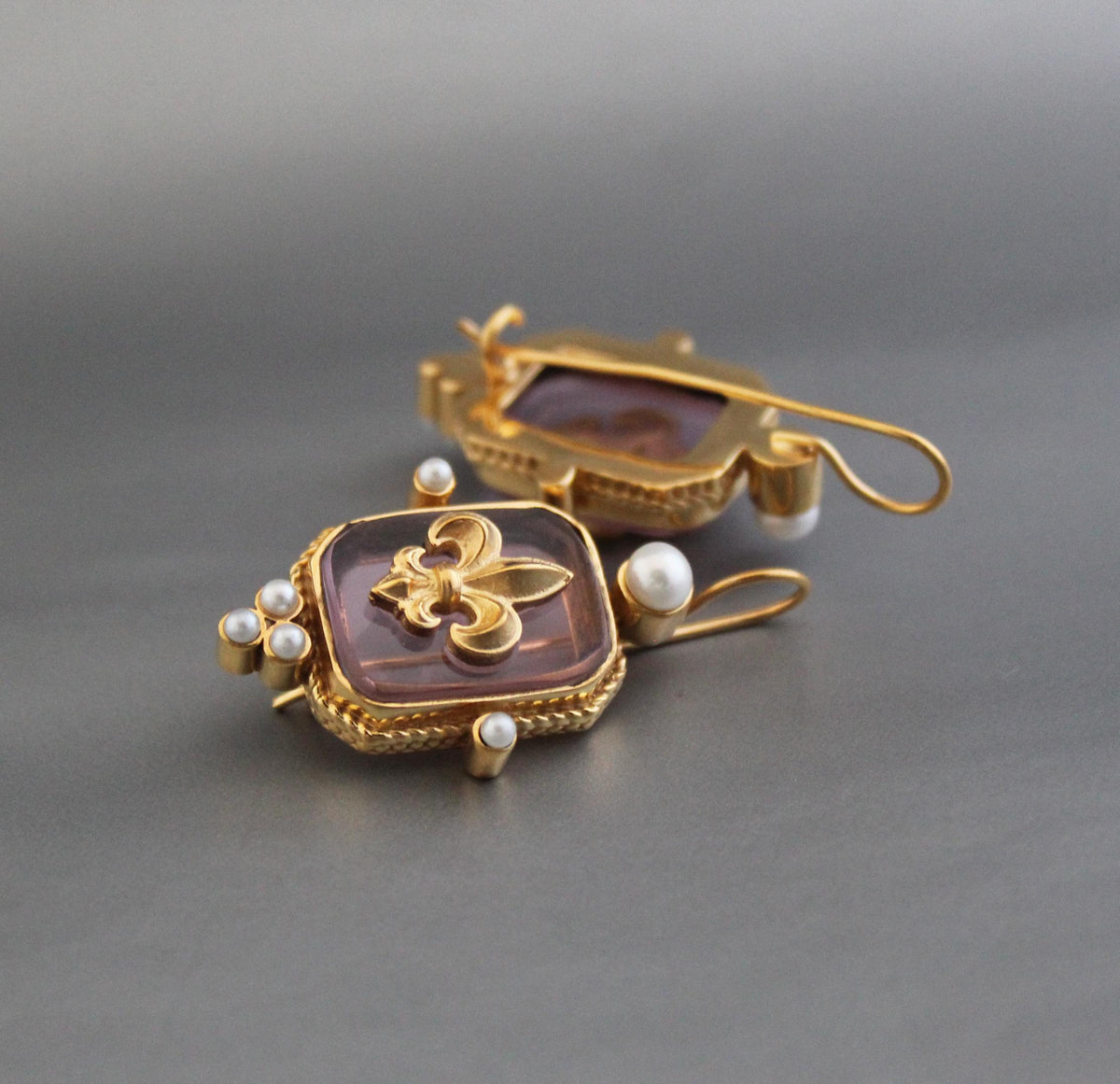 Pink Fleur-de-lis Intaglio Earrings, Regency Victorian Style, Gold Vermeil, photo 6