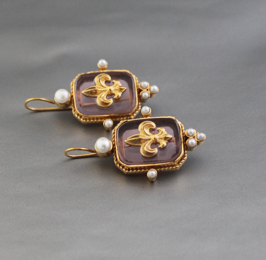 Pink Fleur-de-lis Intaglio Earrings, Regency Victorian Style, Gold Vermeil, photo 9
