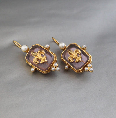 Pink Fleur-de-lis Intaglio Earrings, Regency Victorian Style, Gold Vermeil, photo 11