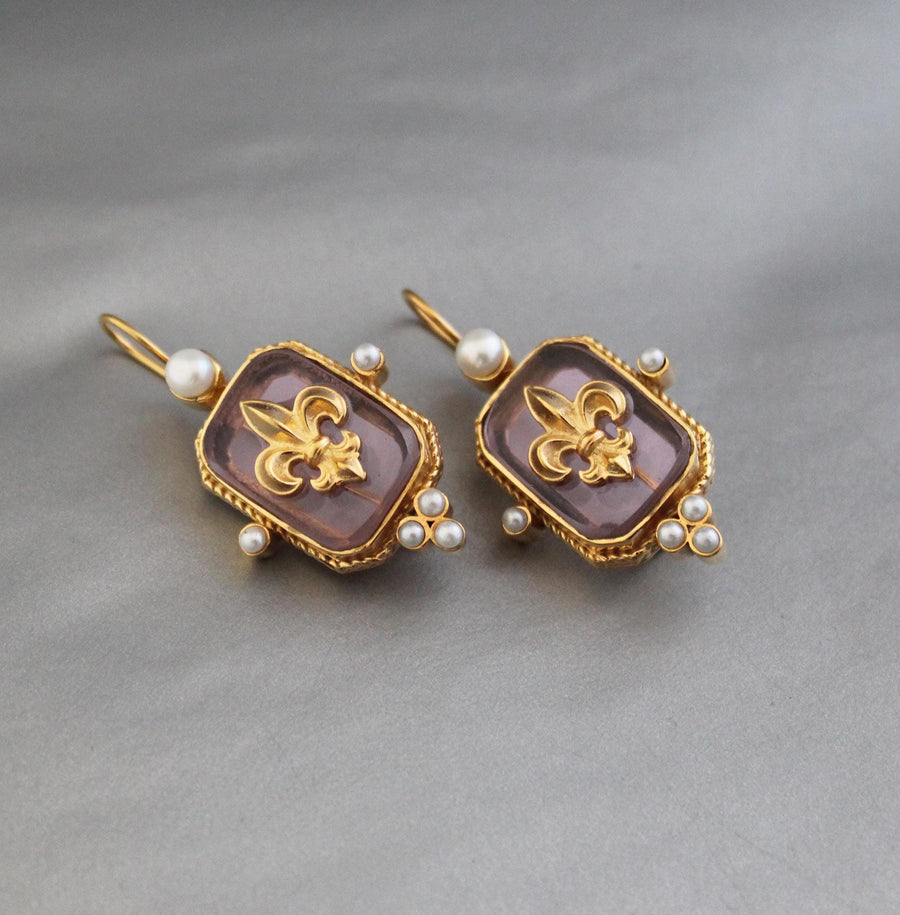 Pink Fleur-de-lis Intaglio Earrings, Regency Victorian Style, Gold Vermeil, photo 11