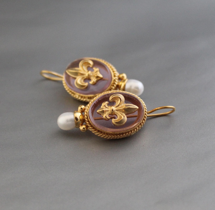 Intaglio Glass Earrings, Victorian Style with Pearls, Gold Plated, photo 6