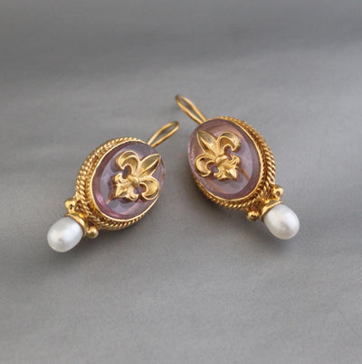 Intaglio Glass Earrings, Victorian Style with Pearls, Gold Plated, photo 7