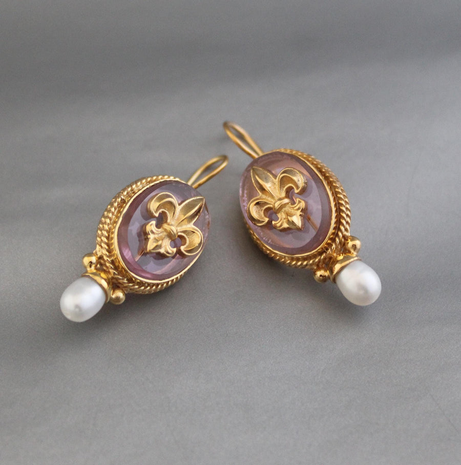 Intaglio Glass Earrings, Victorian Style with Pearls, Gold Plated, photo 7