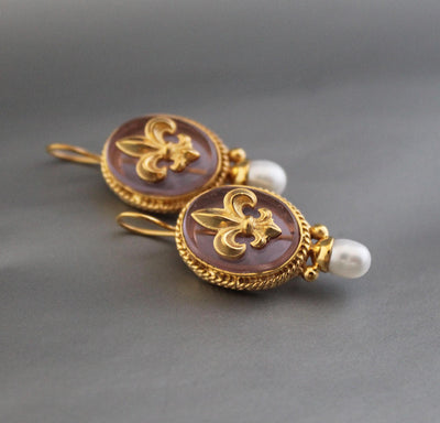 Intaglio Glass Earrings, Victorian Style with Pearls, Gold Plated, photo 9